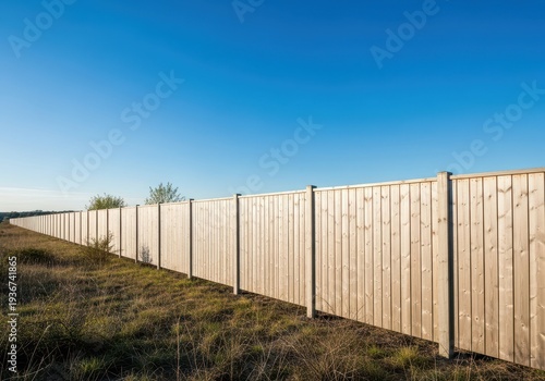 A long, continuous wooden fence stretching horizontally beside an undeveloped residential parcel under a clear sky, empty, perspective, area