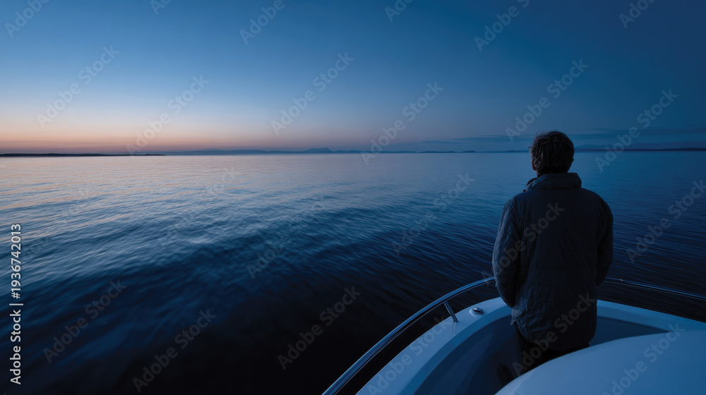 Fototapeta premium A figure stands quietly at dusk on a boat, gazing into the expansive sea as the sun sets, symbolizing contemplation, calmness, and a deep connection with nature.