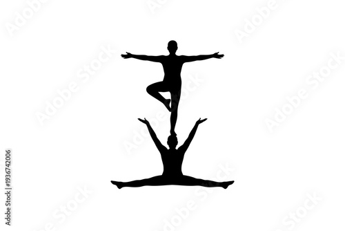 Yoga silhouette of two people in a balanced acrobatic pose