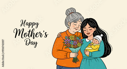 A celebration of Mother's Day featuring a grandmother and mother holding flowers with a baby, in colorful hand-drawn vector style, perfect for greeting cards and family-themed designs