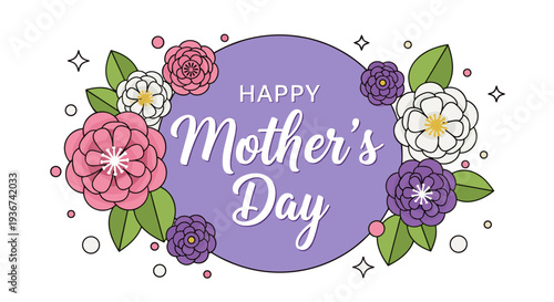 A colorful illustration featuring flowers and the text 'Happy Mother's Day' in a modern vector style, ideal for greeting cards and celebration designs