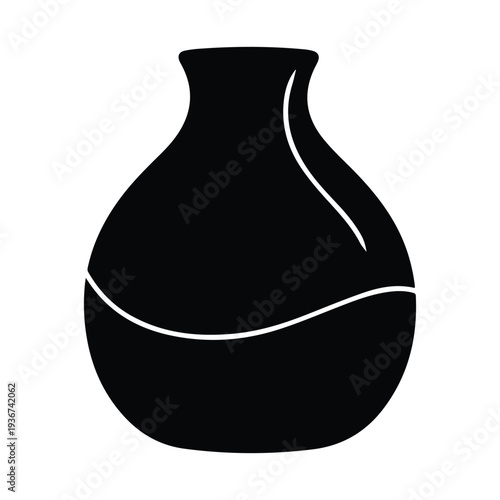 Modern minimalist black vase with white accent lines on white background