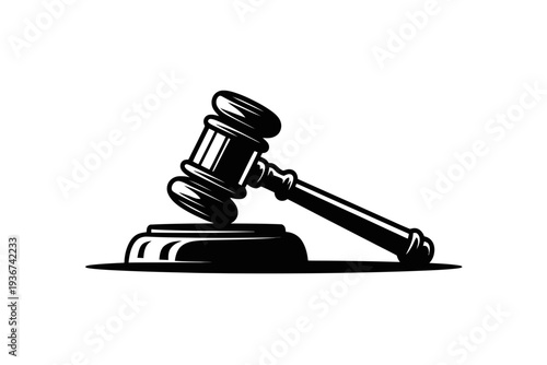 A gavel icon illustration in black silhouette on a block