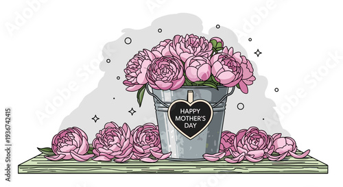 A bouquet of pink peonies in a metal bucket with a 'Happy Mother's Day' tag in a modern outline vector style, perfect for greeting cards and celebrations