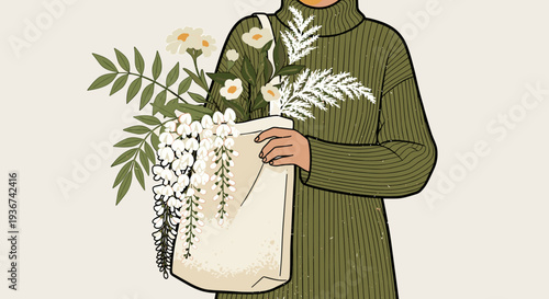 A woman holding a tote bag filled with flowers and greenery in a modern flat vector style, ideal for eco-friendly branding and lifestyle projects