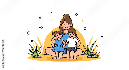 A mother sitting with her two children in a colorful minimalist vector style, perfect for family-themed designs or illustrations