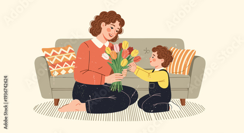 A mother and child exchanging a bouquet of tulips on a cozy couch in a flat vector style, perfect for family-themed illustrations