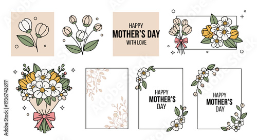 A collection of floral illustrations for Mother's Day featuring bouquets, greeting cards, and decorative elements in a modern vector style, suitable for greeting cards and gifts.