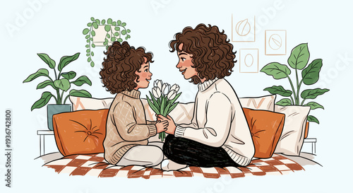 A mother and daughter sitting together on a sofa, sharing a bouquet of flowers in a cozy modern vector illustration style, perfect for family-oriented projects