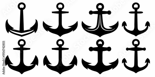 Black Anchor Silhouette Collection - Nautical Marine Vector Icons Set