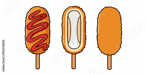 Korean corn dog cut open with cheese stretch flat vector set