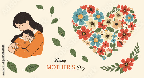 A heart made of colorful flowers with a mother embracing her child in modern vector style, perfect for Mother's Day greeting cards