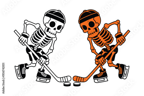 Skeleton illustration of two hockey players in action with sticks and puck