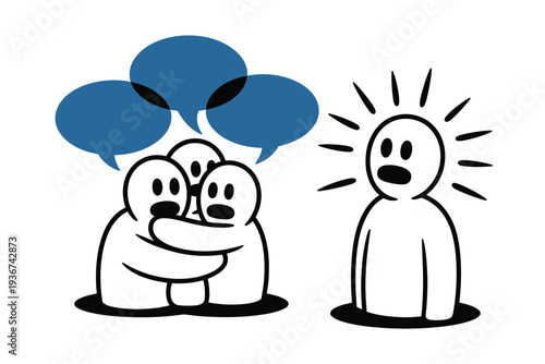 A group of people illustration with one person feeling isolated outside