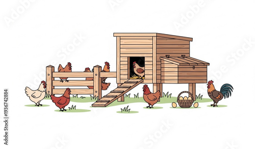 Chicken Coop and Hen Farm Flat Vector Illustration Isolated on White
