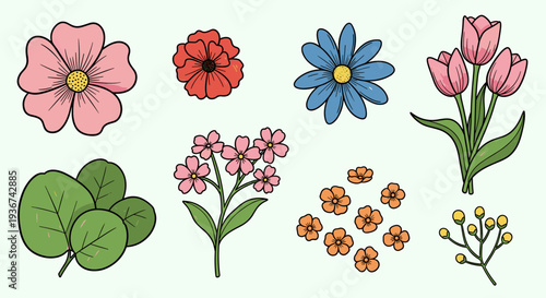 A collection of colorful flowers and leaves in a hand-drawn vector style, ideal for floral designs and decorative projects