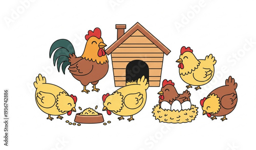 Cute Chicken Farm Vector Collection with Coop and Poultry Characters