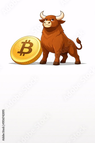 Bull with Bitcoin Cartoon Illustration for Cryptocurrency Bull Market Trend and Digital Finance Investment Concept