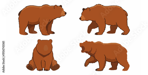 Grizzly brown bear cartoon flat vector wildlife set