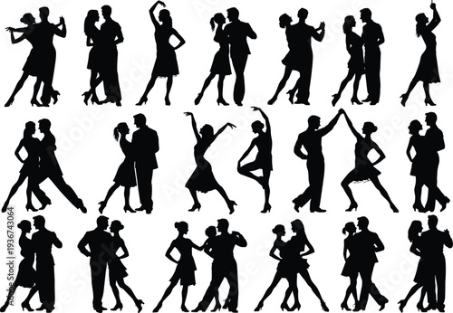 Dance Couple Silhouette Collection with Ballroom Latin and Social Dancing Poses Isolated on White Background Elegant Dancer Set for Party and Performance Design
