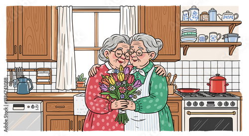 A heartwarming illustration of two grandmothers embracing each other with a bouquet of colorful tulips in a cozy kitchen, in a charming cartoon style, perfect for family-themed designs