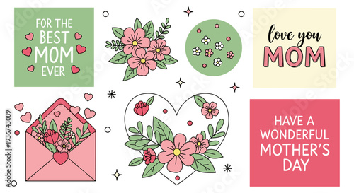 A collection of floral illustrations and heartfelt messages for Mother's Day in colorful vector style, perfect for greeting cards and gifts