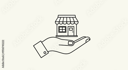 Small Business Support Concept – Hand Holding Local Shop Storefront Line Illustration