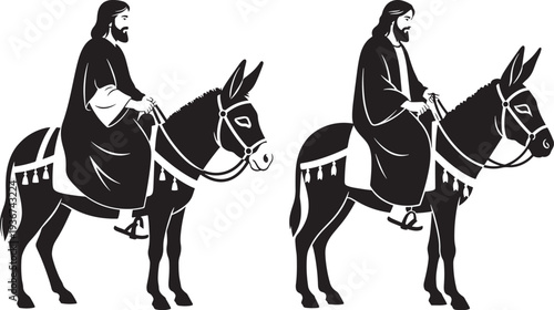 Silhouette of Jesus riding a donkey, symbolizing a peaceful procession or entry, rendered in a classic, iconic style.