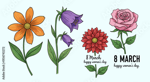 A collection of colorful flowers including a daisy, bellflower, flower, and rose in hand-drawn vector style, celebrating Women's Day on March 8