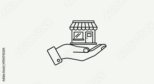Small Business Support Concept – Hand Holding Local Shop Storefront Line Illustration