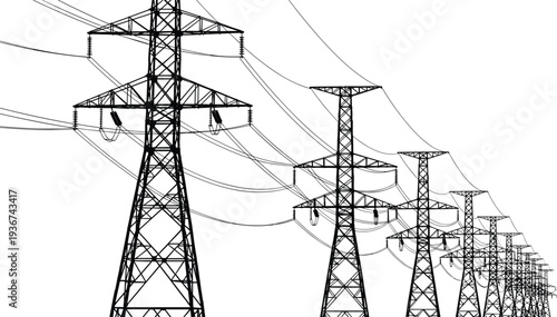 High voltage transmission towers with power lines, lattice framework vector illustration showing electricity infrastructure, energy distribution, electrical grid design