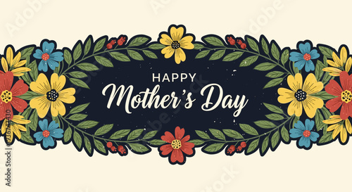 A festive Mother's Day greeting with colorful flowers and decorative elements in a vintage vector style, ideal for greeting cards and floral designs