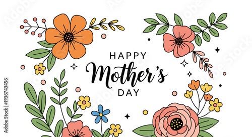 A colorful floral illustration for Mother's Day featuring flowers and leaves in a modern vector style, perfect for greeting cards and invitations