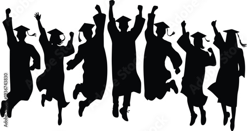 A group of people in graduation gowns and caps jumping in the air