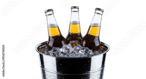 Several refreshing glass beer bottles submerged in melting water and clear ice cubes inside a shiny metal bucket, isolated perfectly on a white background, chilled, bottle, life