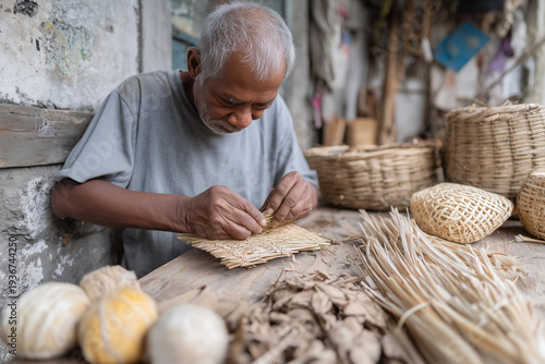 Senior craftsman weaves baskets with care and focus. Hands move skillfully over natural fibers. Rustic workshop holds woven goods and tools. Gentle gaze shows dedication to tradition