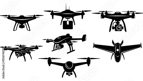 Black Drone Silhouettes Set Vector Icons of Quadcopters and Fixed Wing UAVs EPS10 Stock.eps