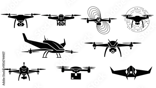 Diverse Drone Vector Icons Flat Black UAV Silhouettes EPS10 Stock.eps