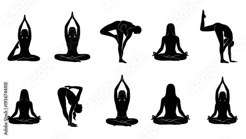 Diverse Yoga Poses Silhouettes Minimalist black and white vector illustration EPS10 Stock.eps