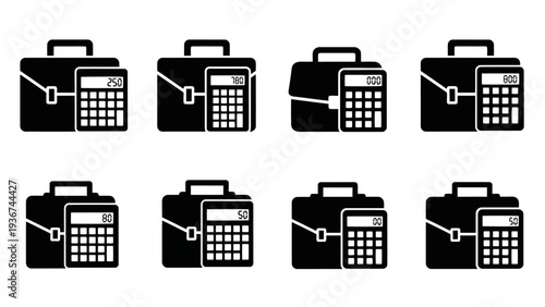 Flat Black and White Business Accounting Calculator Briefcase Icons EPS10 Stock.eps