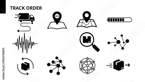 Modern Minimalist Black and White Logistics Tracking and Data Icons Set EPS10 Stock.eps