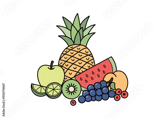 Fresh tropical and citrus fruits arranged in a colorful still life composition isolated on transparent background