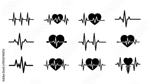 Monochrome Medical Vector Heartbeat and ECG Pulse Icons Set EPS10 Stock.eps