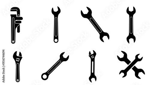 Set of Black Silhouette Wrench and Spanner Vector Icons EPS10 Stock.eps