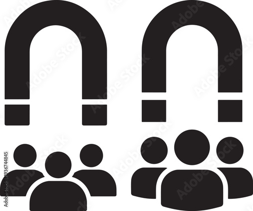 Two horseshoe magnets attracting groups of people silhouettes, symbolizing attraction, influence, and marketing.