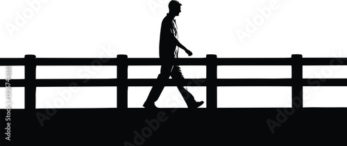 Silhouette of Young Man Walking on Bridge with Railing Side View Isolated on White Background Minimalist Urban Lifestyle Concept Outdoor Motion Graphic Design