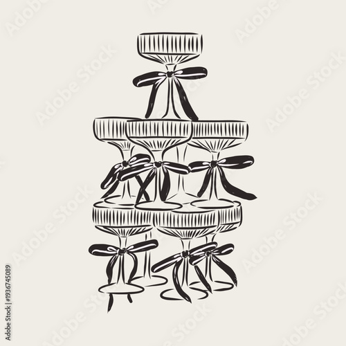 hand drawn champagne glass tower with ribbon bows arranged in festive pyramid composition. elegant monochrome line art illustration