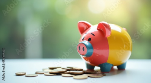 Brightly colored piggy bank with coins on a table