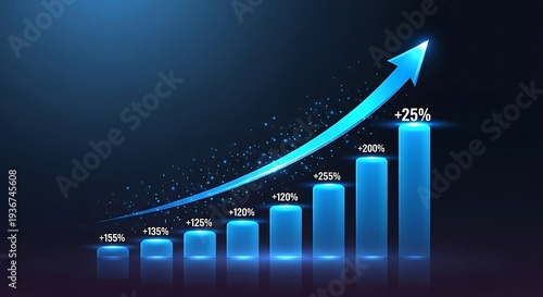 Digital bar graph with glowing blue elements illustrating financial market growth and successful business data analysis showing positive economic trends.