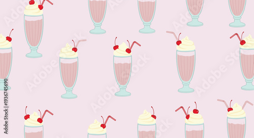 Seamless pattern of tall glasses filled with pink strawberry milkshakes topped with whipped cream and red cherries.